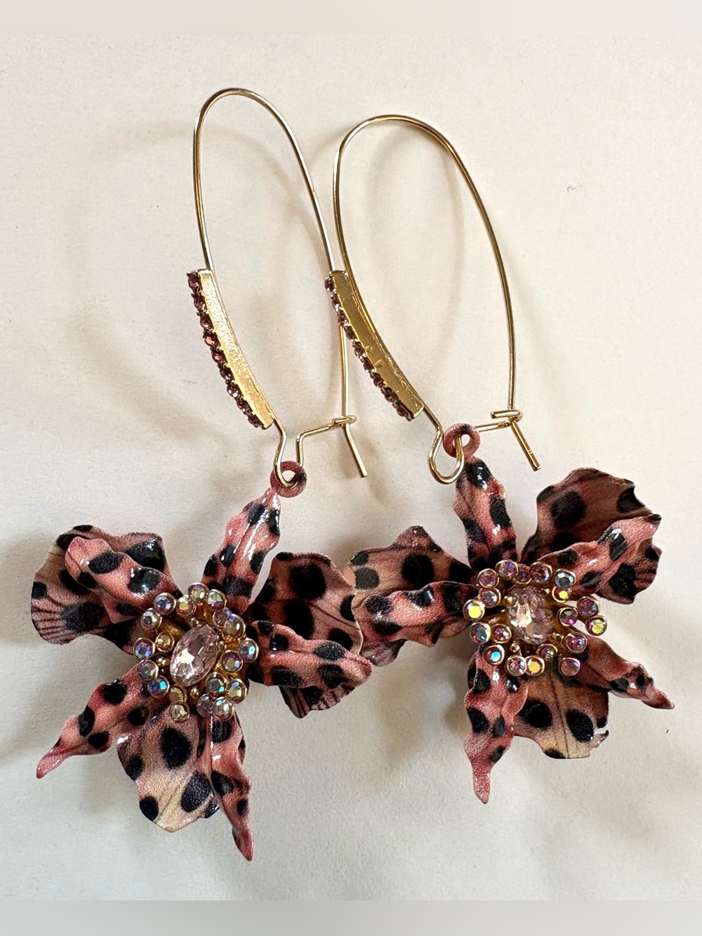 Betsey Johnson Drop Earrings Pink Leopard Flowers with Aurora Crystal Center